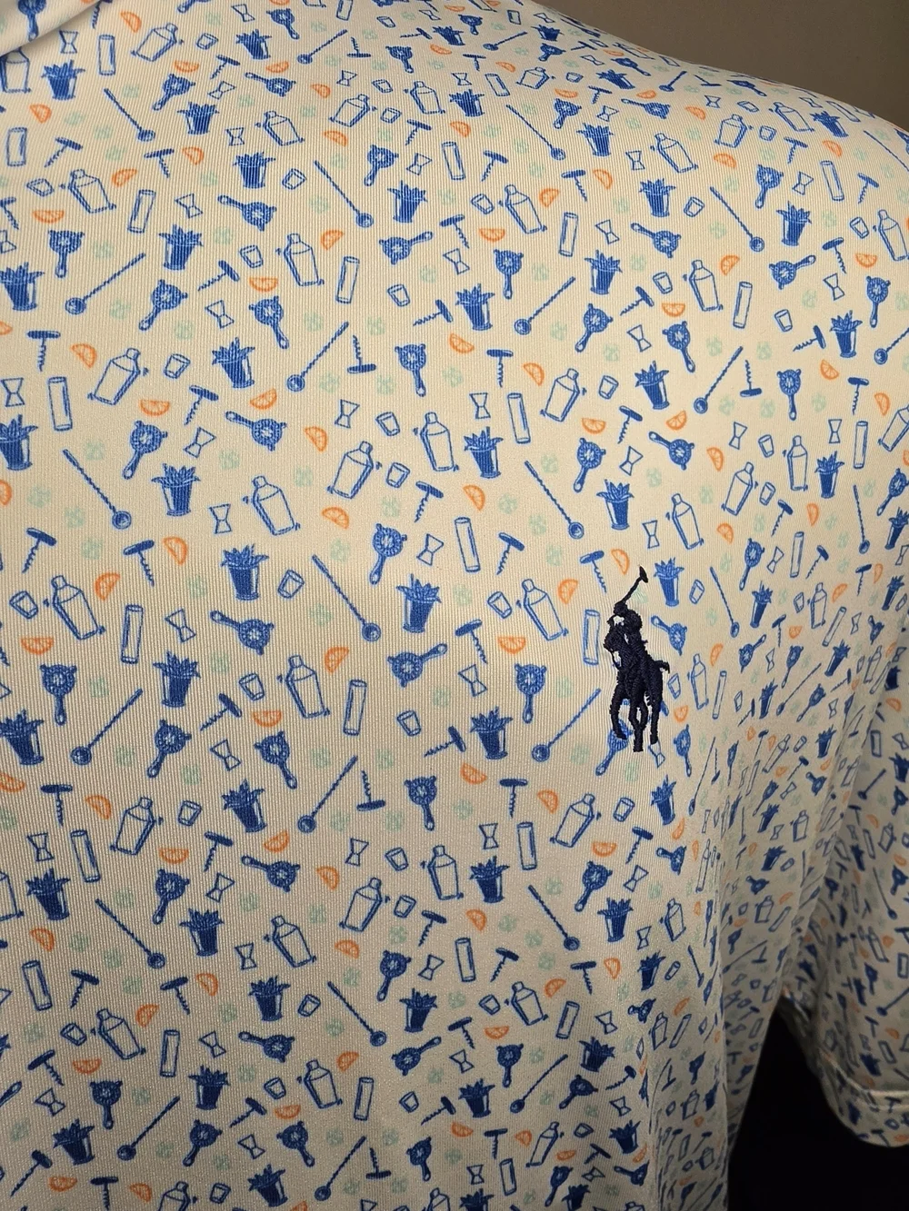 RLX Ralph Lauren White Polo with Blue & Orange Mini Print